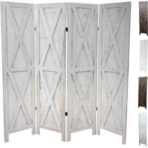 Premium Home 4-Panel Room Divider – Rustic White Barn Door, X Pattern Folding Privacy Screen, Partition Wall
