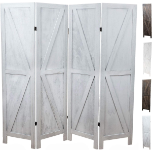 Premium Home 4-Panel Room Divider – Rustic White Barn Door, K Pattern Folding Privacy Screen, Partition Wall