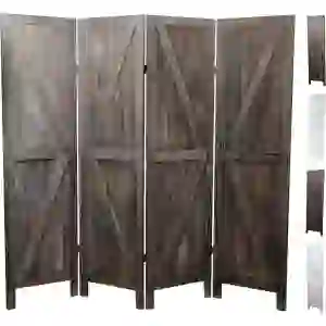 Premium Home 4-Panel Room Divider – Rustic Brown Barn Door, K Pattern Folding Privacy Screen, Partition Wall